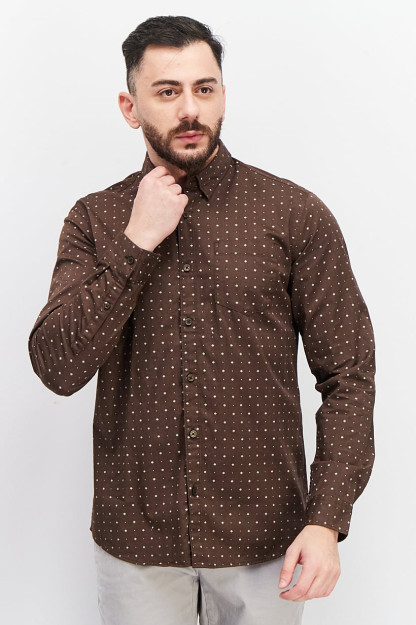 Slim Fit erkaklar uchun uzun yengli bosma tasodifiy ko'ylak, jigarrang