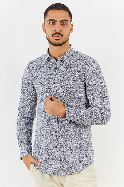 Мужская повседневная рубашка Slim Fit с принтом и длинными рукавами, темно-синяя и белая