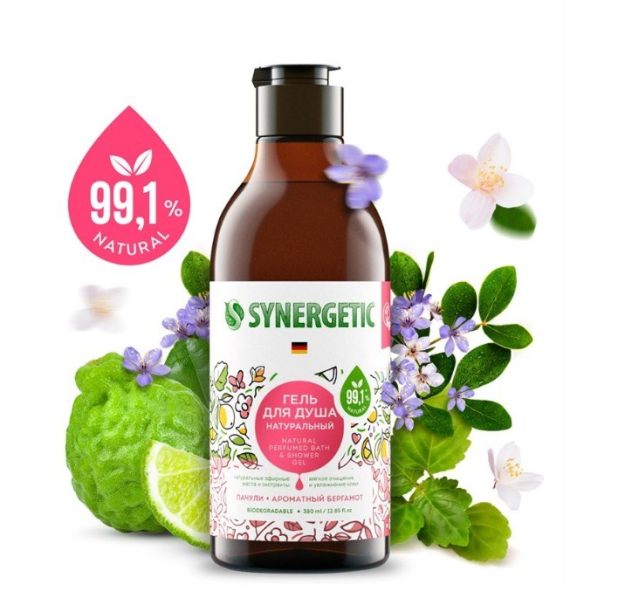 SYNERGETIC pachuli tabiiy biologik parchalanadigan dush jeli va xushbo'y bergamot, 0,38 l