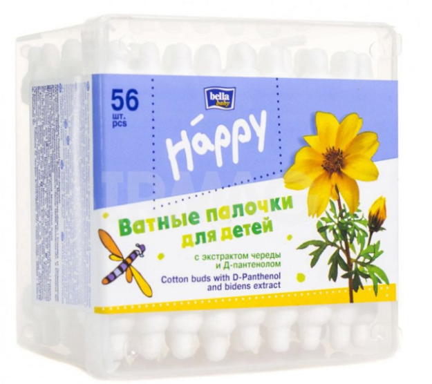 Paxta gigienasi tayoqchalari. Bella Waby Happy, ketma-ket ekstrakt va D-pantenol bilan p/p paketda, 56 dona.