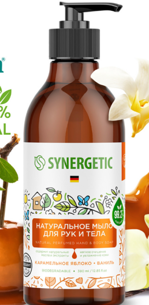 SYNERGETIC tabiiy biologik parchalanadigan qo'l va tana sovuni "karamel olma va vanil" 0,38 l