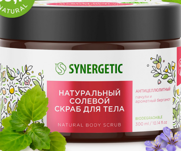 SYNERGETIC tabiiy tuzli tana skrabi Selülitga qarshi, pachuli va xushbo'y bergamot 300ml