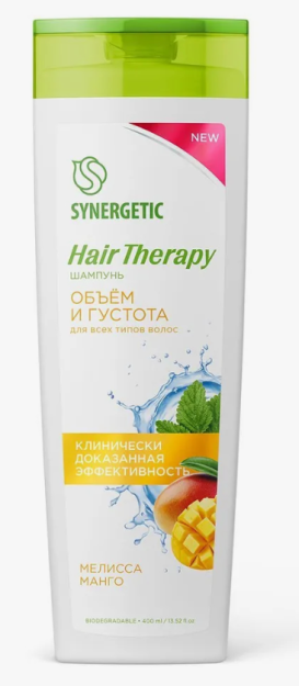 SYNERGETIC shampun soch terapiyasining hajmi va zichligi 0,4 l