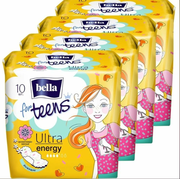 Ultra yupqa prokladkalar yangi dizayn"Bella teens Ultra Energy" 10 dona poliet. qarang: