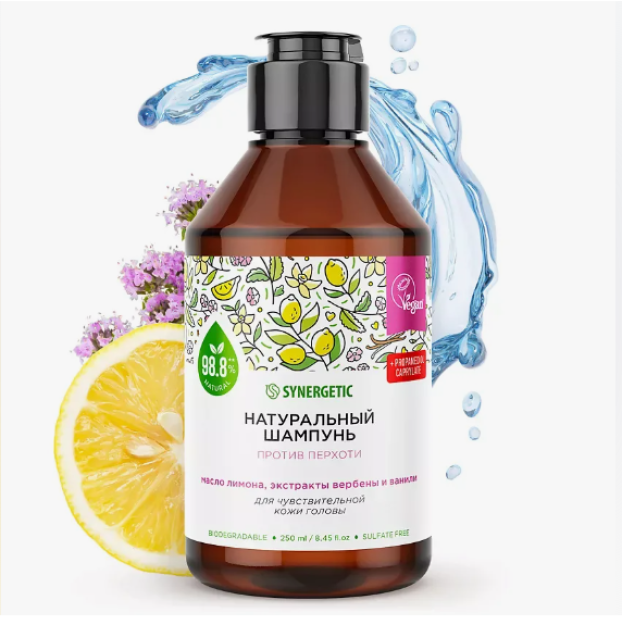 Nozik bosh terisi uchun SYNERGETIC tabiiy sulfatsiz kepekka qarshi shampun 250ml