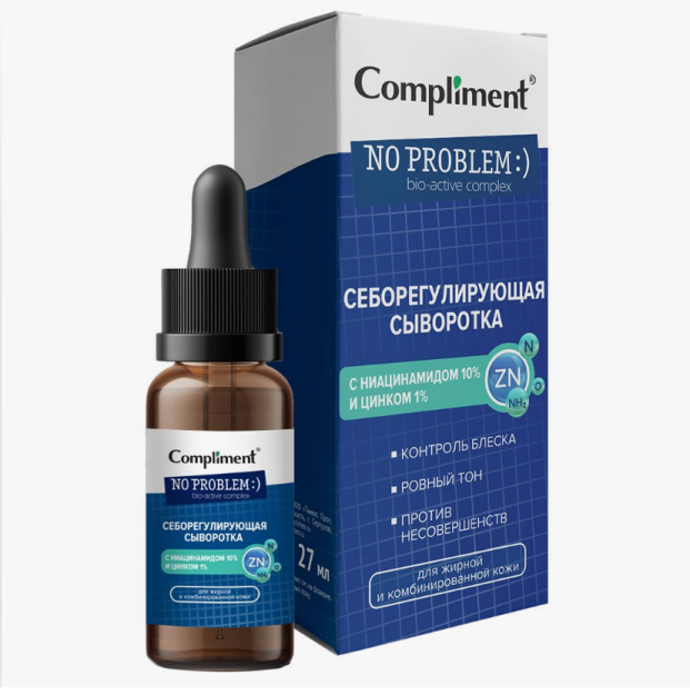 Compliment no problem yog'li va aralash teri uchun Niatsinamid va sink bilan seboregulyatsiya qiluvchi sarum, 27ml