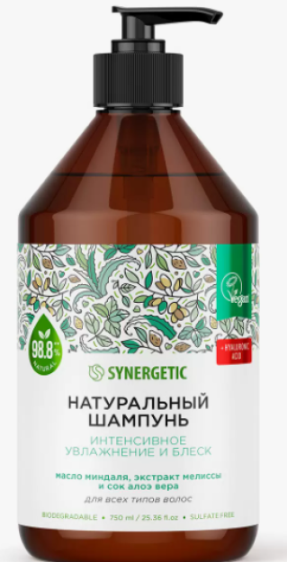 Натуральный бессульфатный шампунь SYNERGETIC Экстрамягкий для ежедневного ухода 2в1 0,75л