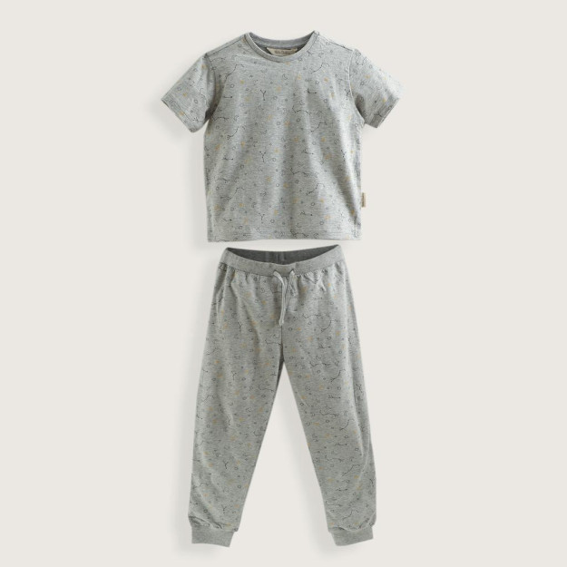 Qisqa yengli pijama, yuqori va pastki bosma, kulrang