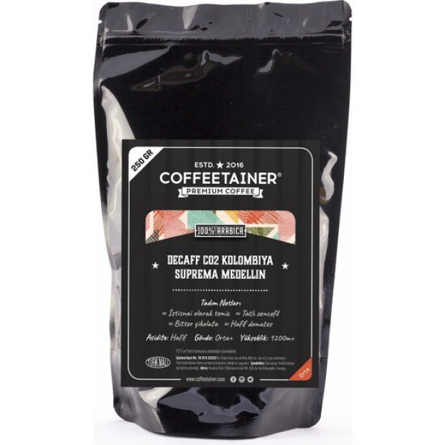 Kofeinsiz Kofe Idishi Kolumbiya Supremo Medellin Filtrli Kofe 250 Gr