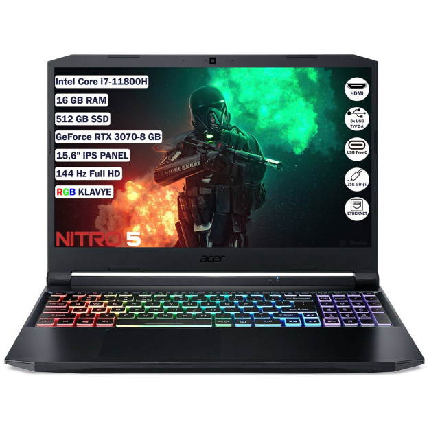 Acer Nitro 5 An51557 Intel Core İ7 11800H 16 Гб 512 Гб Ssd Rt 3070 8 Гб Freedos 156-Дюймовый Портативный Компьютер Fhd Nhqfgey002