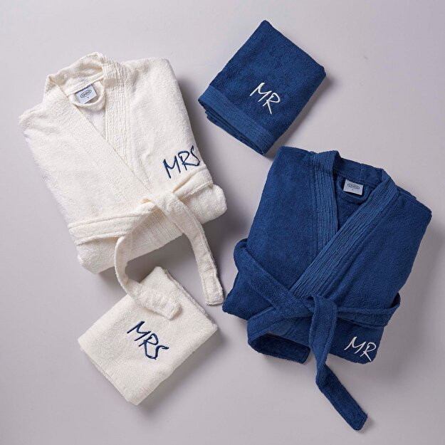 Mr&Mrs Bamboo choyshablari 4 qismli xalatlar to'plami krem-Denim rangli 4 to'plam