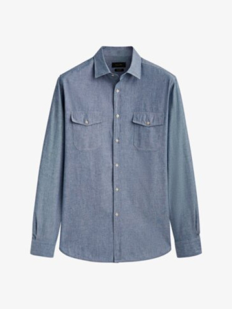 Muntazam kesilgan cho'ntaklar bilan Denim Chambray ko'ylak L