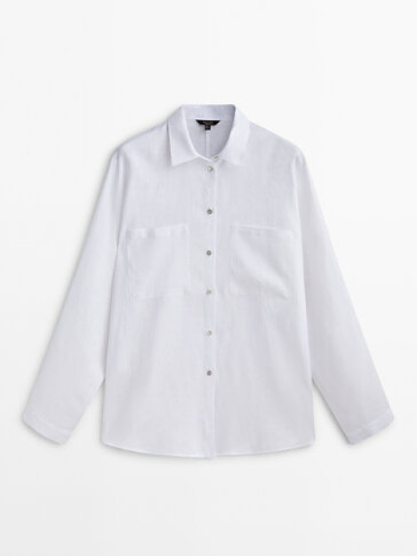 XS cho'ntaklari bilan 100% zig'ir ko'ylak
