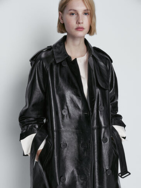 XS laklangan qoplamali charm Trench ko'ylagi