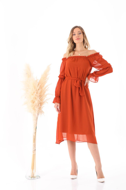 Женское Шифоновое Платье С Поясом 1565-4 Boutiqua B1565|Коралловый_S_(36) L (40)