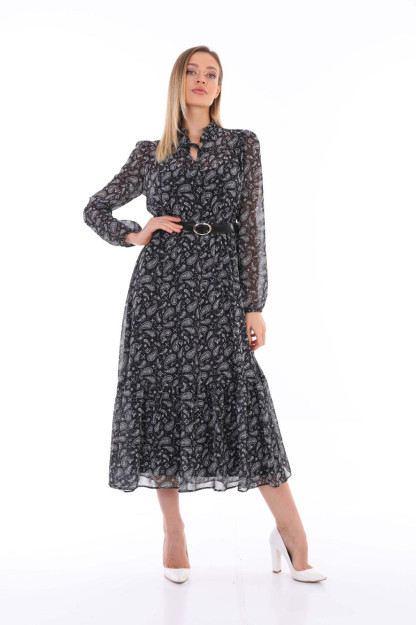 Женское Шифоновое Платье С Ремнем 1546-3 Boutiqua B1546|Черный_S_(36) L (40)
