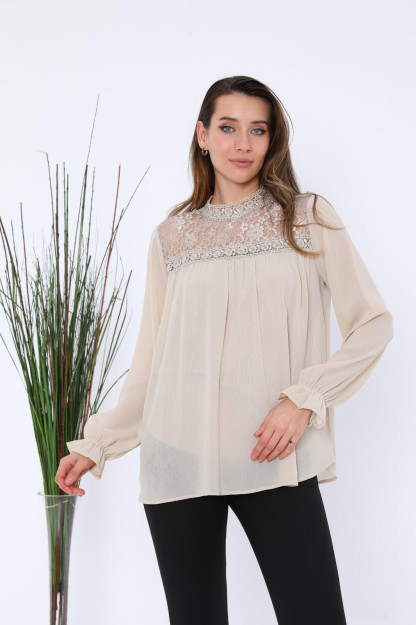 Ayollar Uchun Shifon Bluzka Danteli 1332 Boutiqua B1332|Кремовый_S_(36) XL (42)