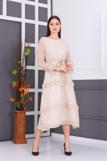 Женское Шифоновое Платье С Цветочным Принтом 1549-2 Boutiqua B1549|Бежевый_S_(36) M (38)