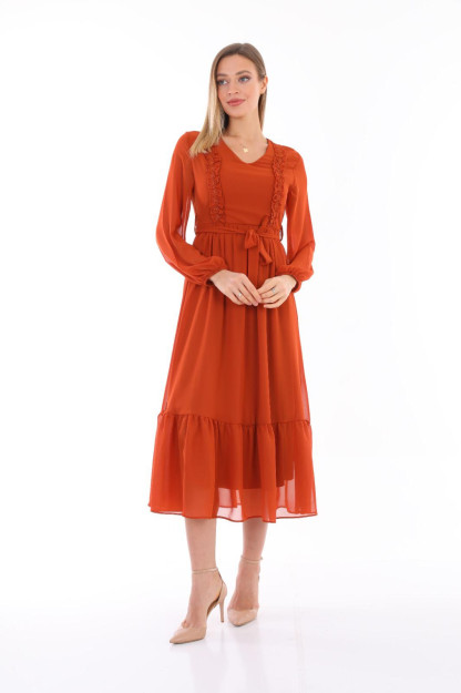 Женское Шифоновое Платье С Поясом 1560-3 Boutiqua B1560|Лосось_S_(36) XL (42)