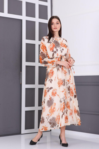 Ayollar Uchun Shifonli Libos Belbog'li 1547-2 Boutiqua B1547|Кремовый_S_(36) M (38)
