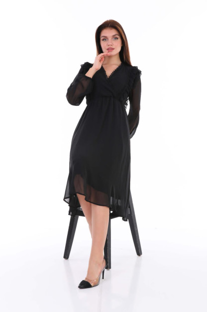 Ayollar Uchun Zapax Shifonli Libos 1561 Boutiqua B1561|Черный_S_(36) XL (42)