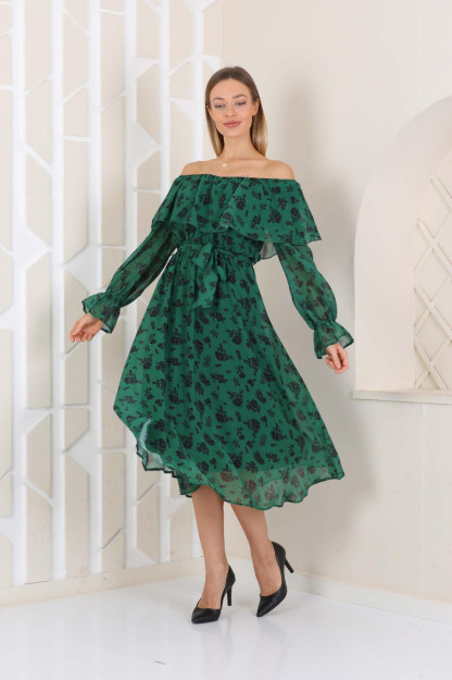 Женское Шифоновое Платье С Поясом 1570-2 Boutiqua B1570|Изумруд_S_(36) L (40)