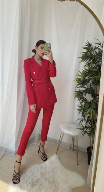 Qizil Blazer Shim Kostyum Komplekt Ayollar Uchun 4566 Myidol 4566|Красный_S_(36) S (36)