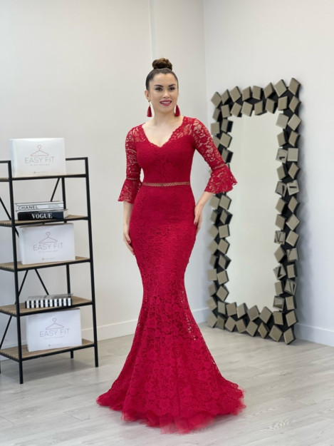 Ayollar Uchun Uzin Yengli Belida Naqishli Oqshom-Bazm Libosi 38659 Myidol 38659|Красный_S_(36) XL (42)