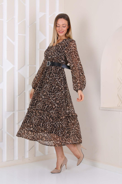 Ayollar Uchun Shifonli Libos Kamarli 1563 Boutiqua B1563|Леопардовый_Принт_S_(36) M (38)