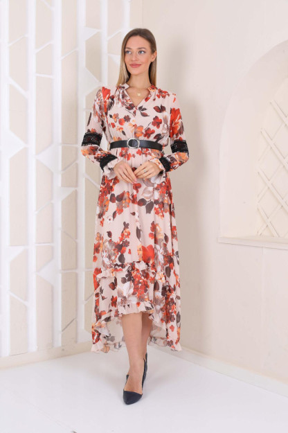 Ayollar Uchun Shifonli Libos Kamarli 1553 Boutiqua B1553|Экру_S_(36) S (36)