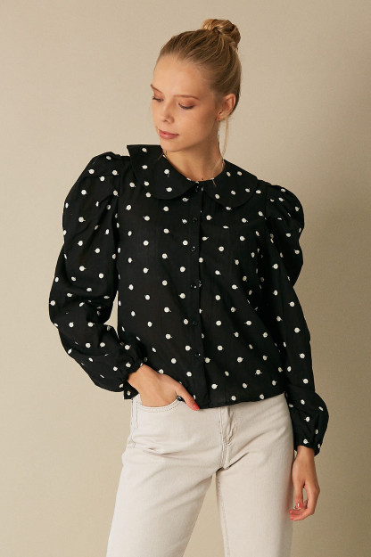 Nuqta Naqshli Qora Ko'ylak Robin M33020|Черный_S_(36) XL (42)