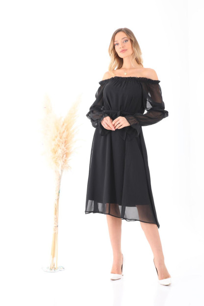 Ayollar Uchun Shifonli Libos Belbog'li 1565-3 Boutiqua B1565|Черный_S_(36) M (38)