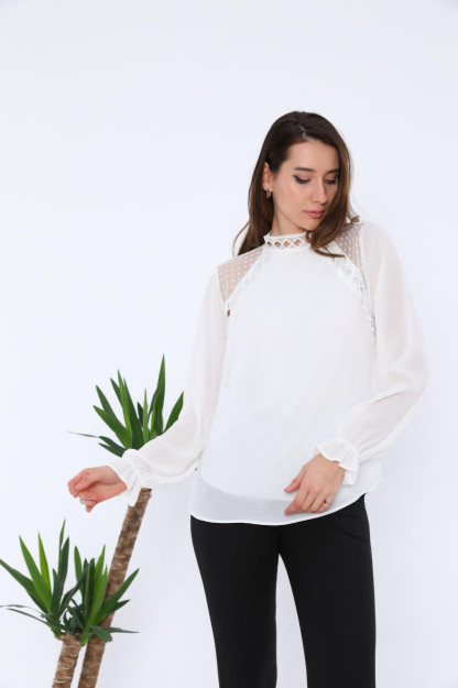 Женская Шифоновая Блузка С Кружевом 1333-3 Boutiqua B1333|Белый_S_(36) L (40)