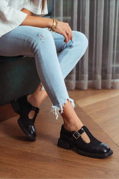 Женские Туфли С Поясом Из Черной Твидовой Ткани В Стиле Ретро Retro R263 Nisantasi Shoes Турция R263|Черный_36 38