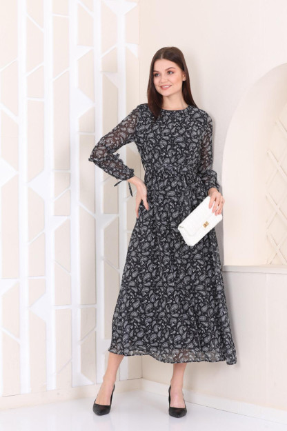 Женское Шифоновое Платье С Поясом 1547-9 Boutiqua B1547|Черный-1_S_(36) XL (42)