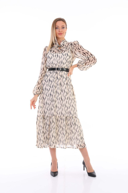 Женское Шифоновое Платье С Ремнем 1546-5 Boutiqua B1546|Кремовый_S_(36) L (40)