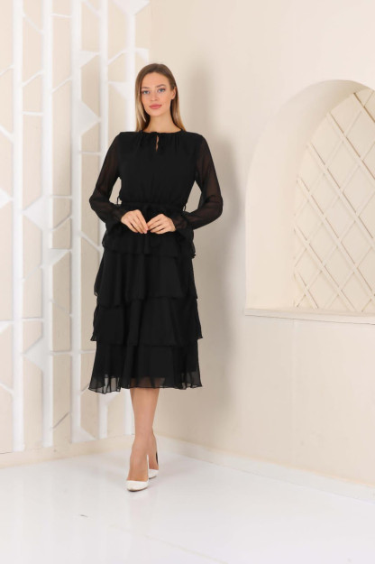 Ayollar Uchun Qavatli Shifonli Libos Belbog'li 1566-5 Boutiqua B1566|Черный_S_(36) M (38)