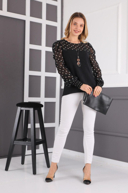 Женская Шифоновая Блузка В Горошек 1038-3 Boutiqua B1038|Черный_S_(36) L (40)