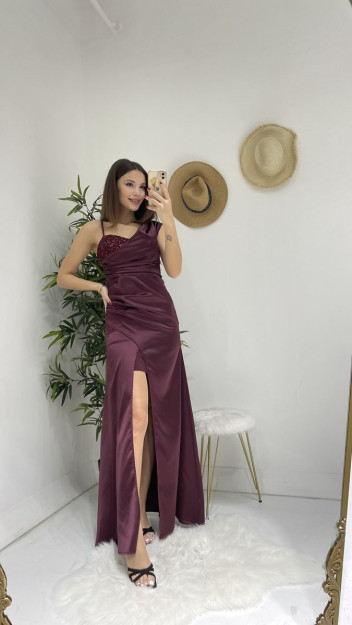 Bir Yelkali Atlas Oqshom-Bazm Libos Ayollar Uchun 6654 Myidol 6655|Бордовый_S_(36) XL (42)