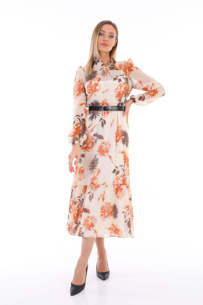Женское Шифоновое Платье С Ремнем 1546-7 Boutiqua B1546|Кремовый-1_S_(36) XL (42)
