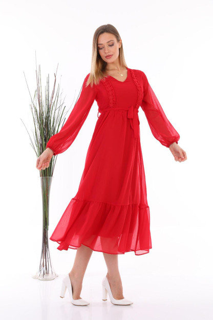 Женское Шифоновое Платье С Поясом 1560-2 Boutiqua B1560|Красный_S_(36) S (36)