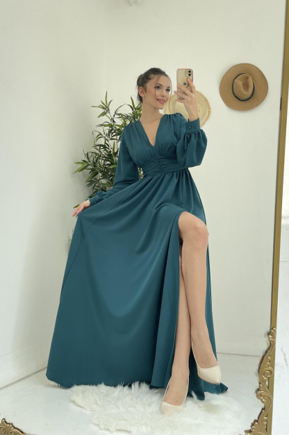 V Boʻyinli Oqshom Libos Ayollar Uchun 6601 Myidol 6601|Зелёный_S_(36) L (40)