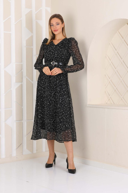 Ayollar Uchun Shifonli Libos Kamarli 1548-5 Boutiqua B1548|Черный_S_(36) M (38)