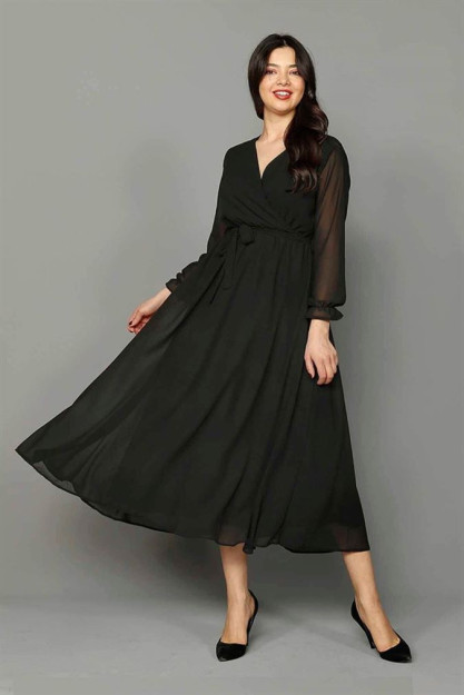 Ikki Ko‘krak Yoqali Shifon Libos 1774 Myidol 1774|Черный_L_(40) XL (42)