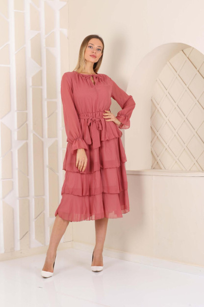 Женское Многослойное Шифоновое Платье С Поясом 1566-2 Boutiqua B1566|Лосось_S_(36) M (38)