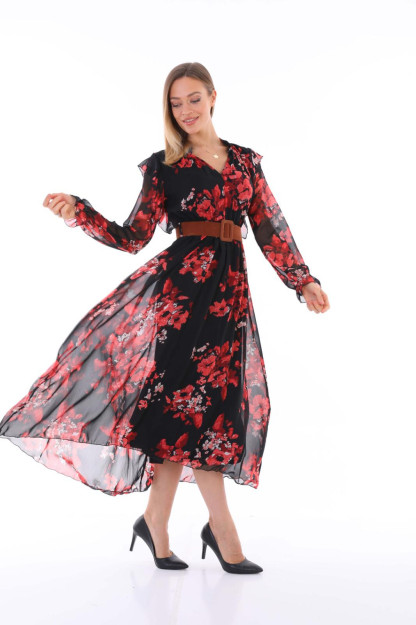 Ayollar Uchun Shifonli Libos Belbog'li 1545-4 Boutiqua B1545|Черный-1_S_(36) L (40)