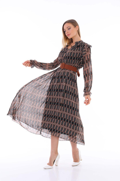 Ayollar Uchun Shifonli Libos Belbog'li 1545 Boutiqua B1545|Черный_S_(36) XL (42)