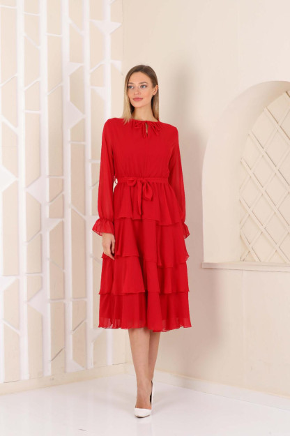 Ayollar Uchun Qavatli Shifonli Libos Belbog'li 1566-4 Boutiqua B1566|Красный_S_(36) S (36)