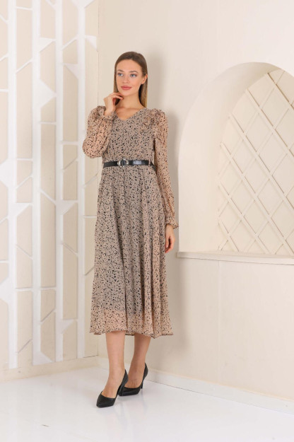 Женское Шифоновое Платье С Ремнем 1548-2 Boutiqua B1548|Бежевый_S_(36) L (40)