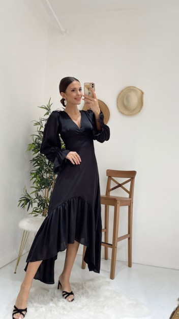 Атласное Платье Женское С Оборками 6543 Myidol 6543|Черный_S_(36) M (38)